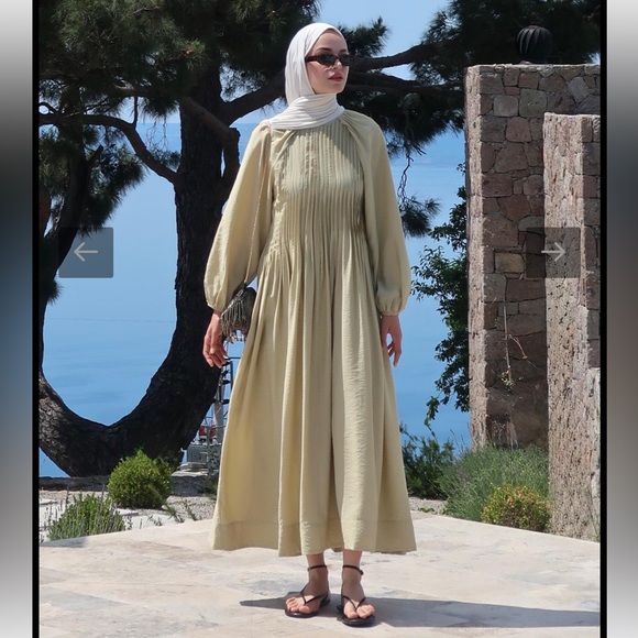 Elegant olive modest pleated design Maxi Dress - Picture 1 of 4